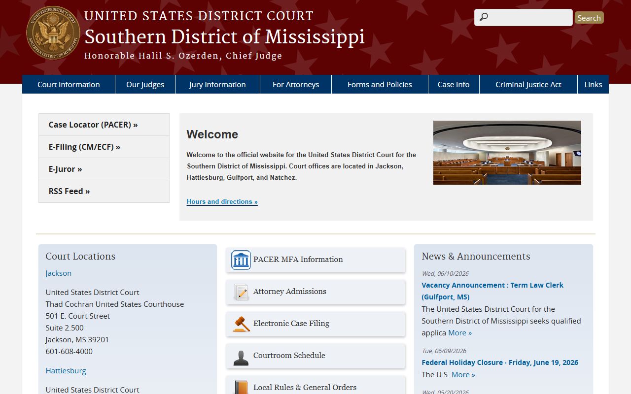 Federal court website for Yazoo County federal records
