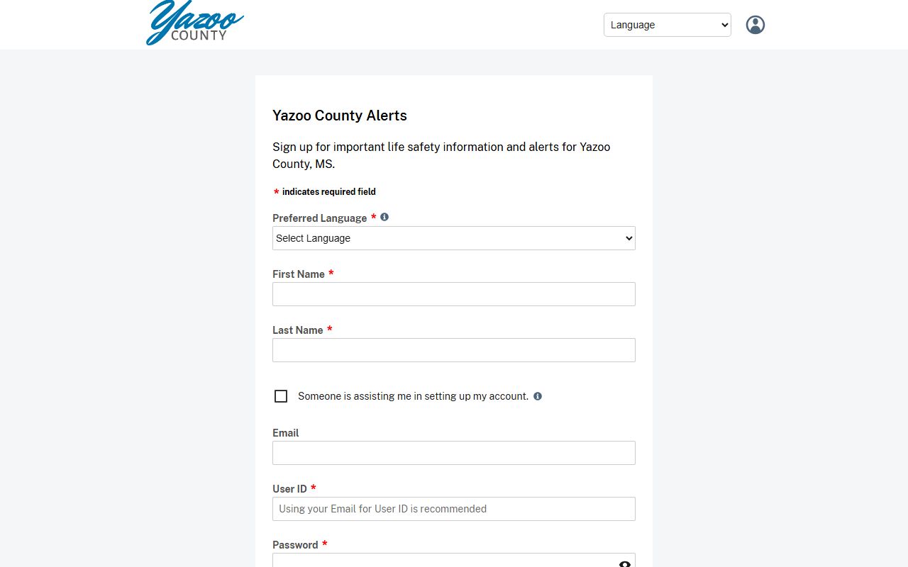 Smart911 sign-up page linked by Yazoo County for emergency alerts