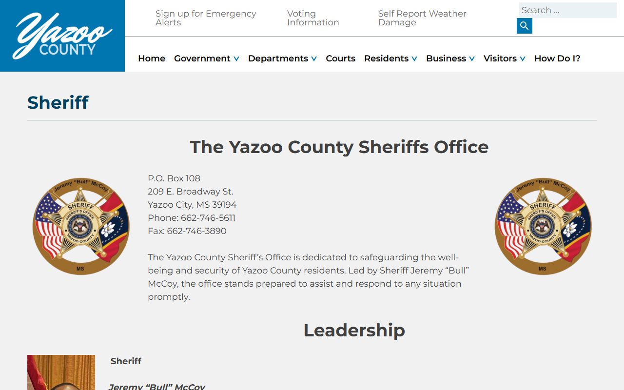 Yazoo County Sheriff page with jail and inmate records information
