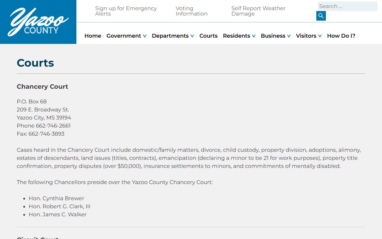 Yazoo County courts page listing court records and judges