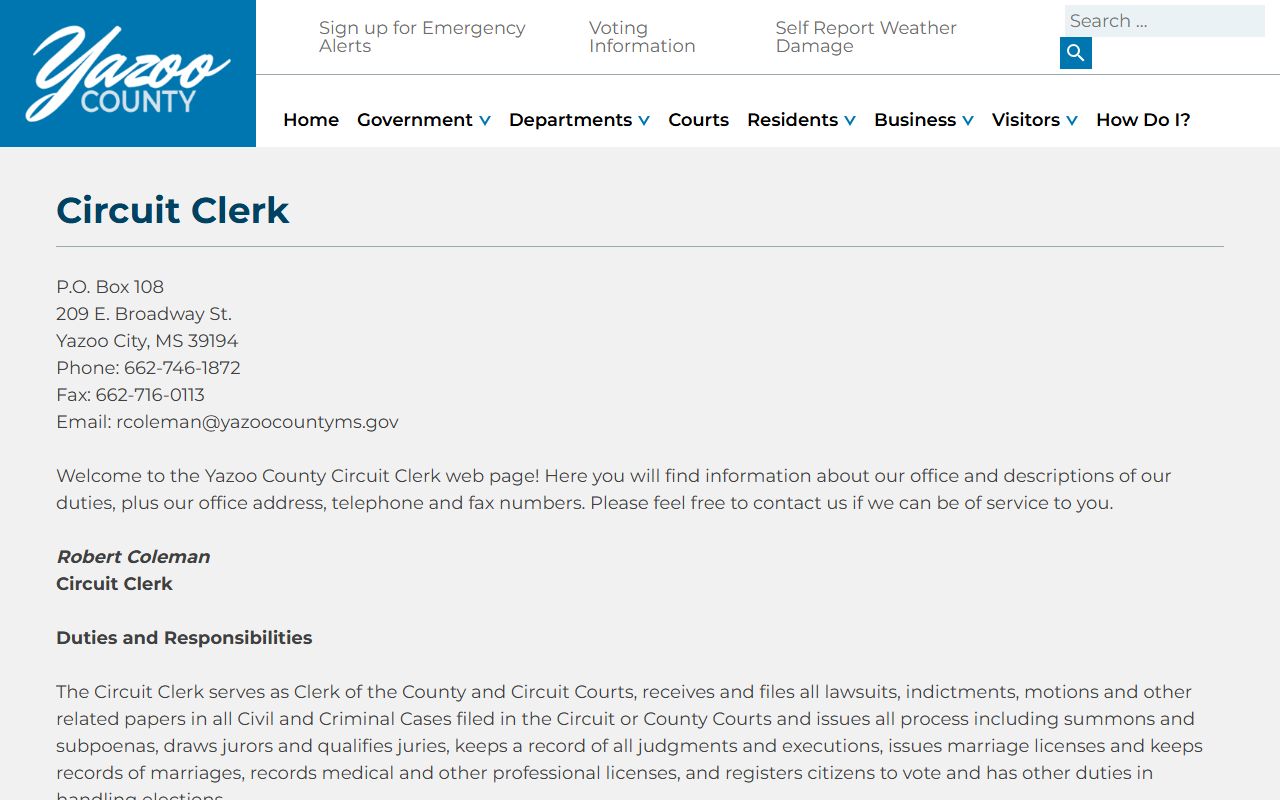 Yazoo County Circuit Clerk records contact page