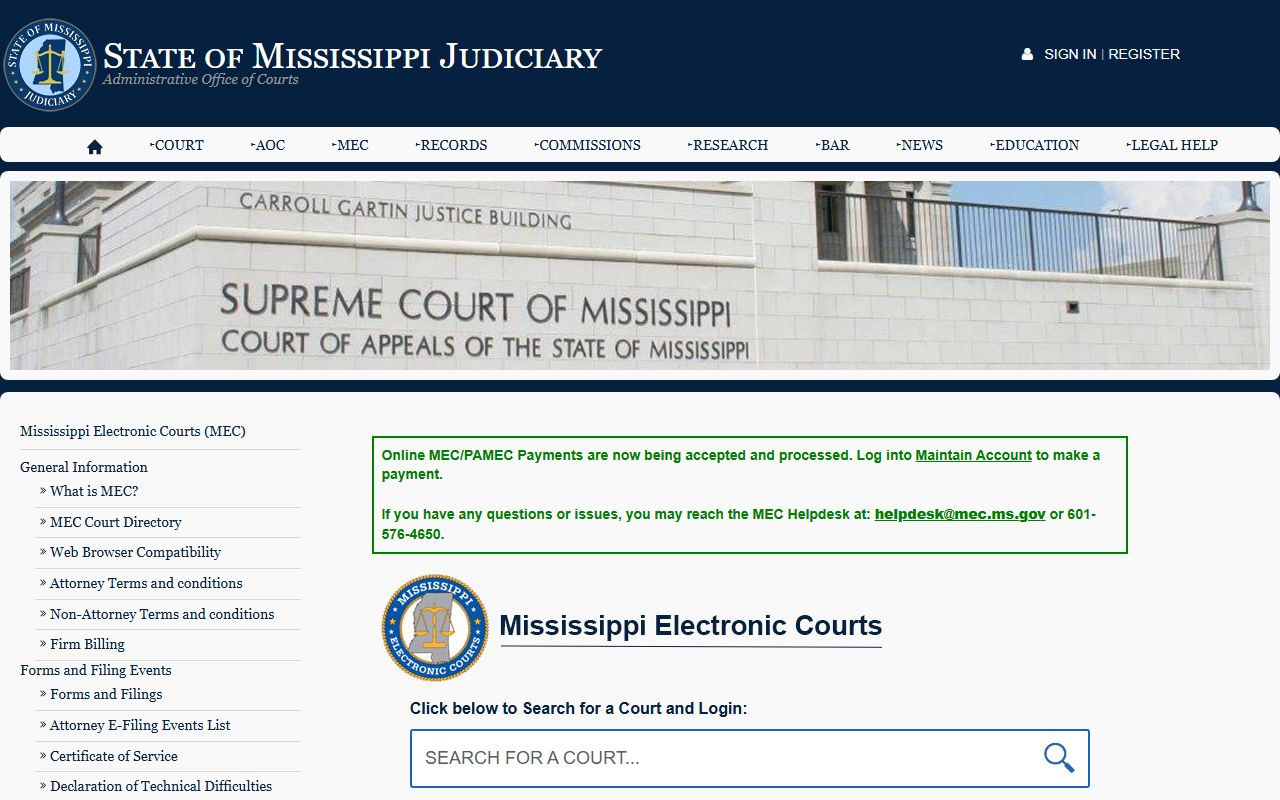 Yazoo County court records search through the Mississippi Electronic Courts page