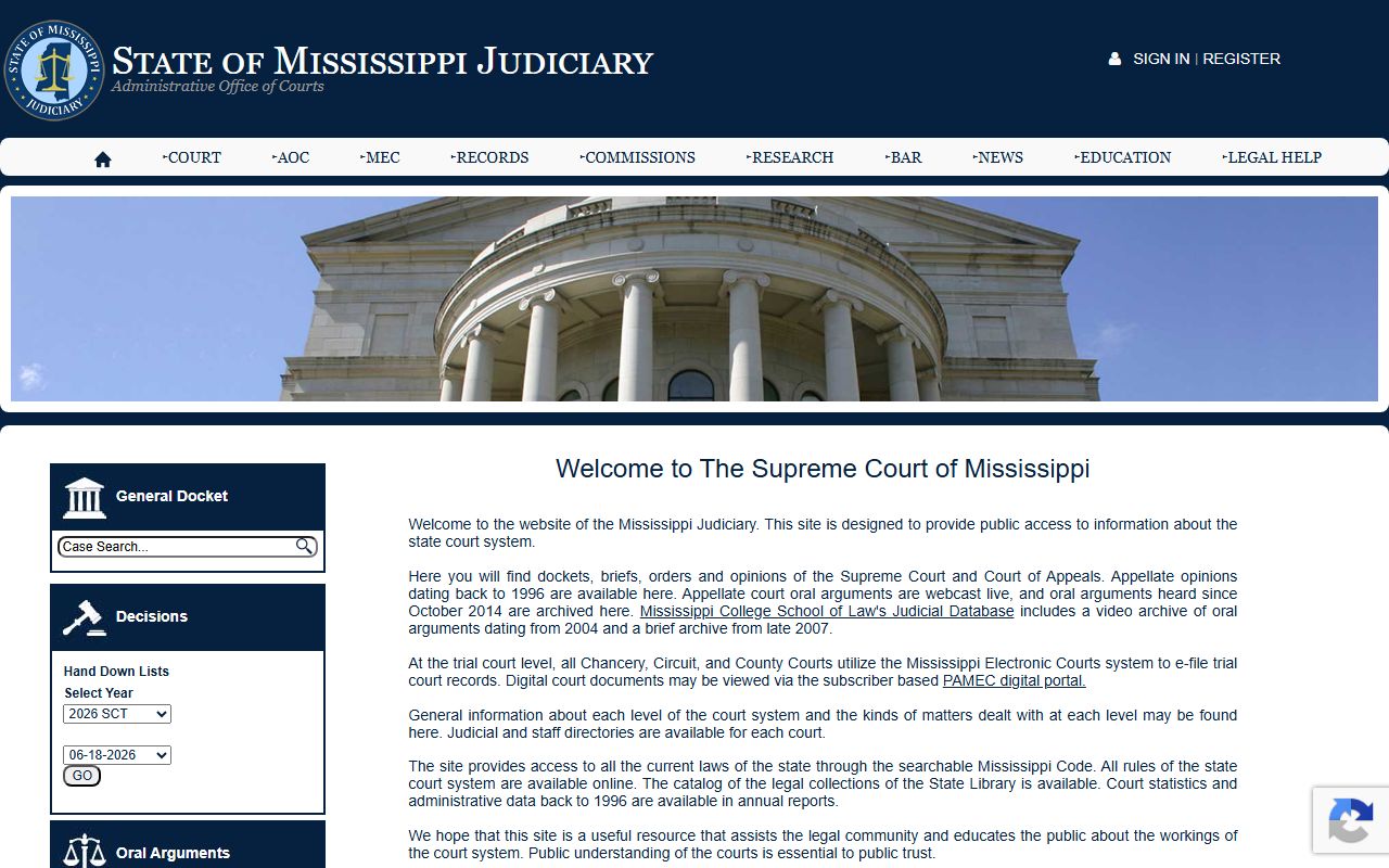 Yazoo County court records access on the Mississippi Judiciary page