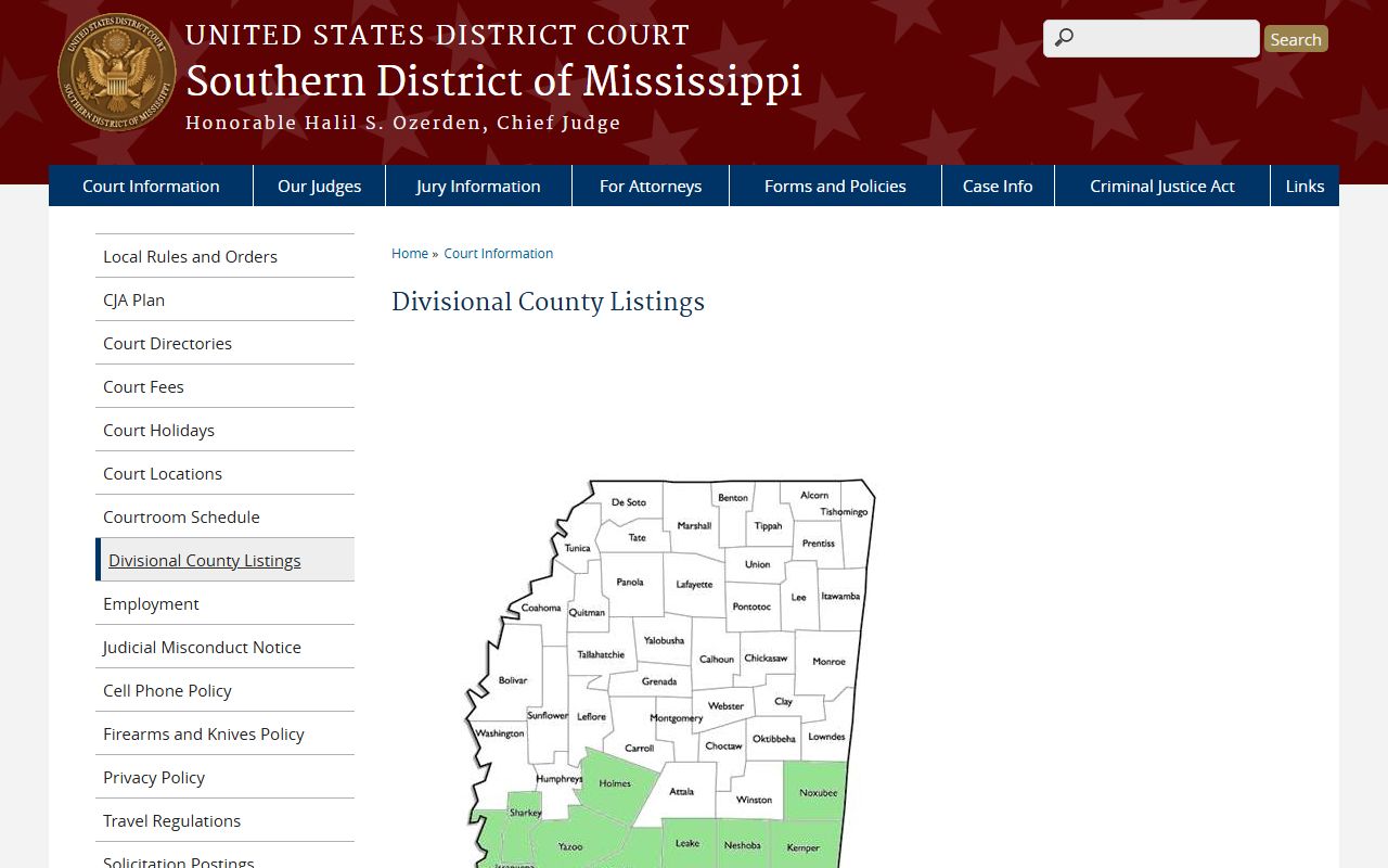 Yazoo County Circuit Court page showing the federal Southern District of Mississippi divisional county listing
