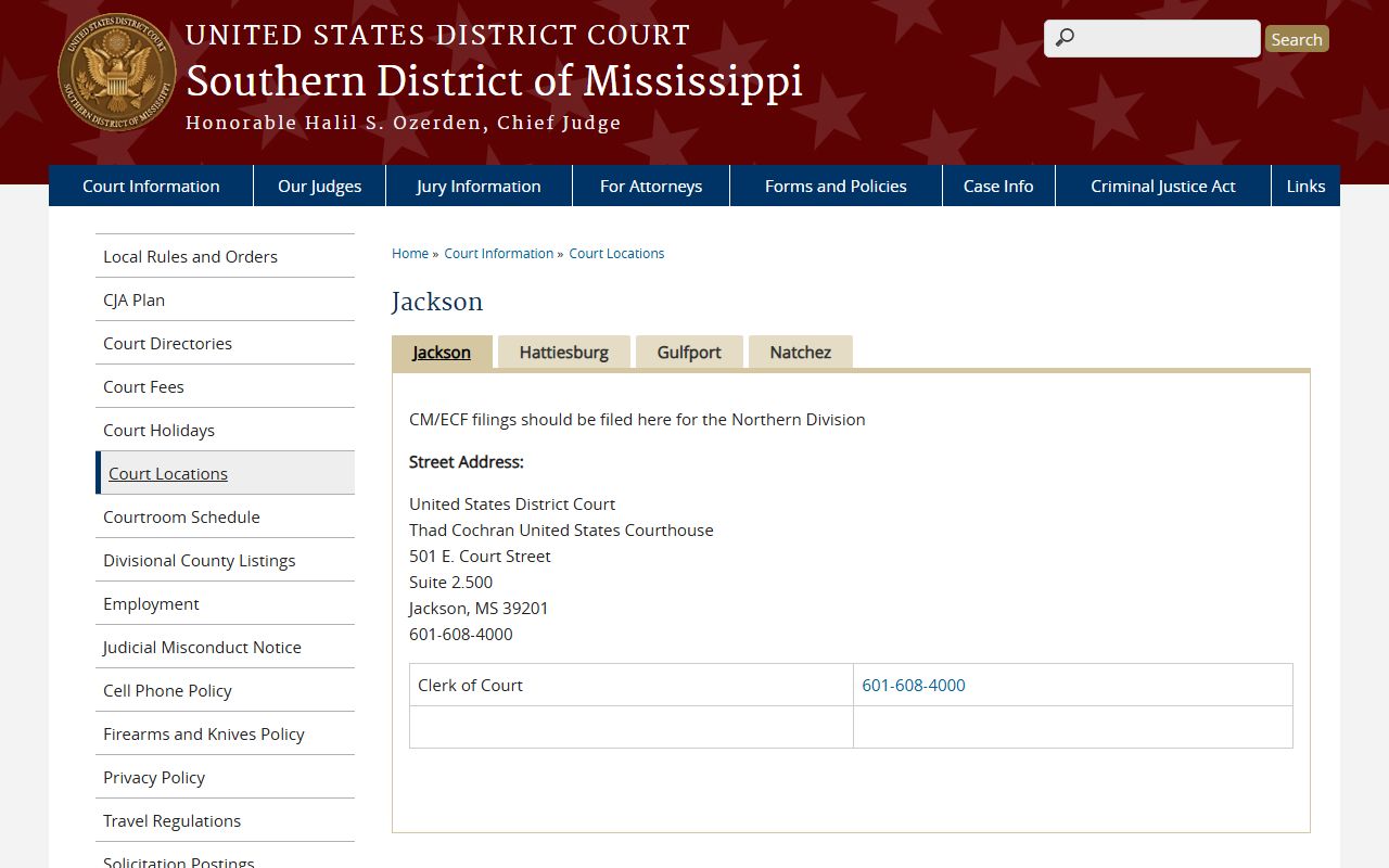 Yazoo County Circuit Court page linking to the federal Jackson courthouse for the Northern Division