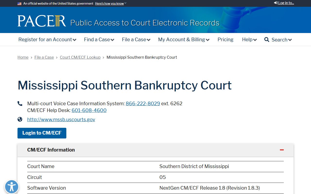Yazoo County Circuit Court page showing the PACER CM/ECF lookup for the Mississippi Southern Bankruptcy Court