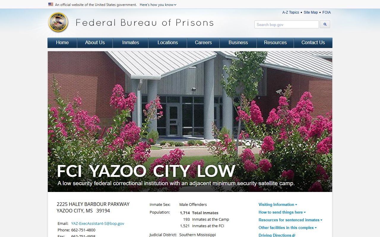 Yazoo County inmate records and the federal Bureau of Prisons FCI Yazoo City institution page