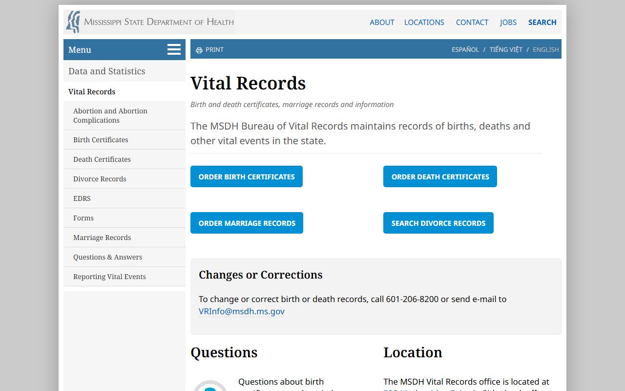 Yazoo County marriage and divorce records through Mississippi State Department of Health vital records