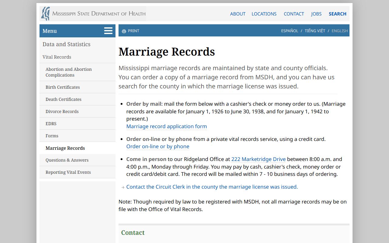 Yazoo County marriage records ordering through Mississippi vital records