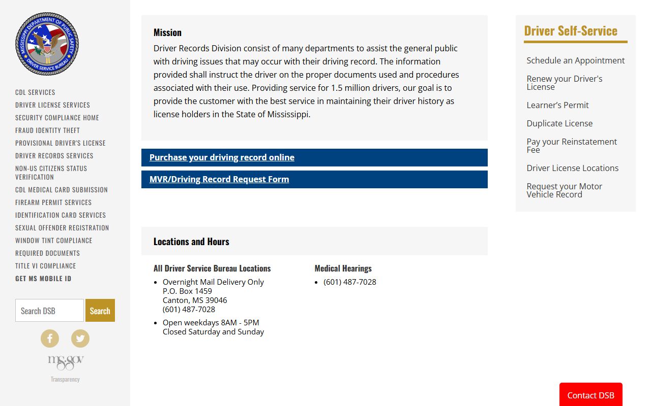 Yazoo County traffic records and Mississippi DPS Driver Records Division page