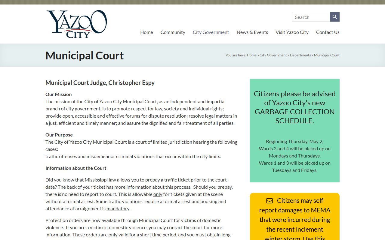 Yazoo County traffic court records and Yazoo City Municipal Court information page